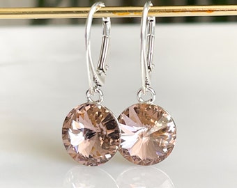 Boucles d'oreilles vintage en argent sterling 925 avec cristaux roses Swarovski. Boucles d'oreilles Swarovski style Rivoli. Bijoux Isobel Jackson