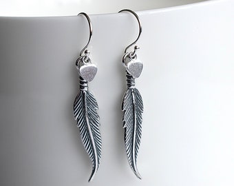 Eternal Feather and Heart Sterling Silver wire back Earrings - Feather Earrings in 925 Sterling Silver - Symbolic Feather Earrings