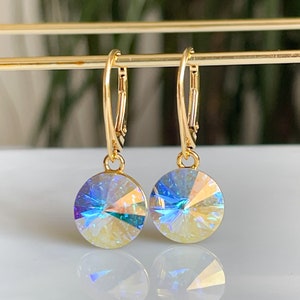 Swarovski Crystal AB Earrings: Gold Lever Back, Aurora Borealis