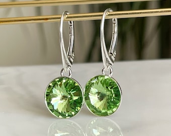 Green Peridot Swarovski Crystal Sterling Silver Lever Back Earrings. Swarovski Crystal Earrings. Isobel Jackson Jewellery.