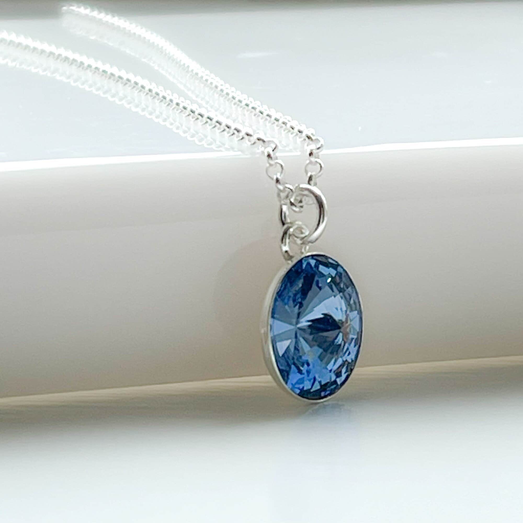 Blue Sapphire Swarovski Crystal Necklace - 925 Sterling Silver Pendant