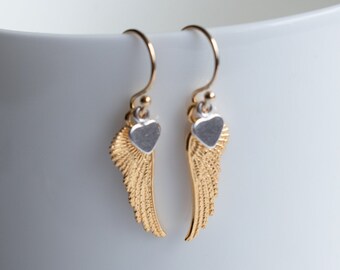 Gold Angel Wing Earrings with Sterling Silver Heart - Wire Back bases.