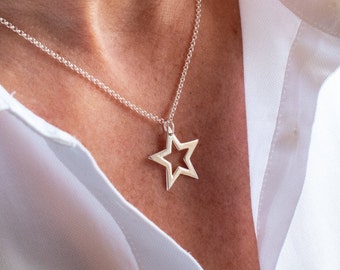 Open Star Sterling Silver Necklace, Celestial Star Pendant, 925 Sterling Silver Star Necklace, Large Star Charm Necklace