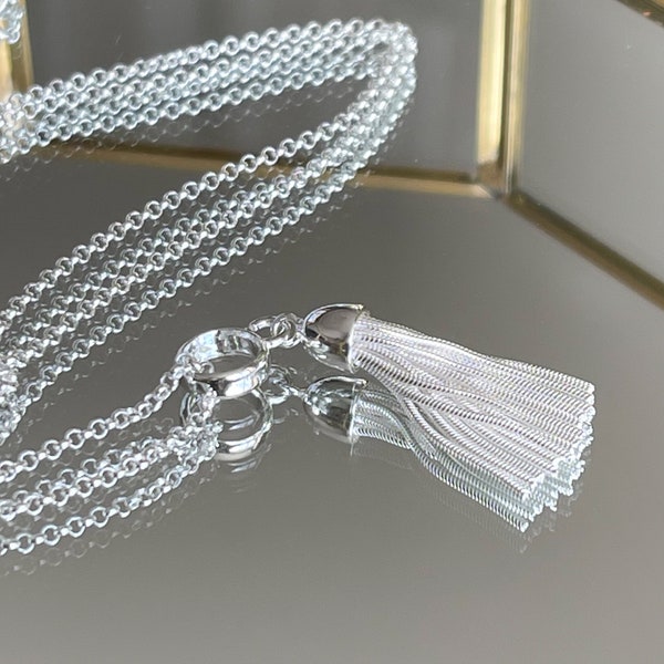 Large Sterling Silver Tassel Necklace | Sterling Silver Tassel Pendant | Silver Tassel Charm Necklace | Silver Snake chain tassel pendant