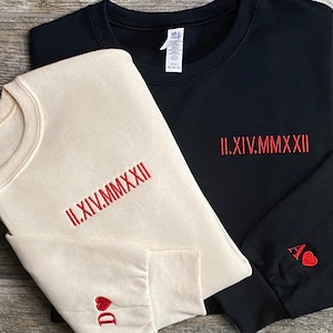 Custom Embroidered Roman Numeral Sweatshirts + embroidered sleeve | Initial Sleeves | Valentine gift | Matching Sweatshirt | anniversary