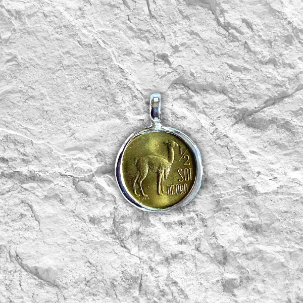 Peru 1968-1975. Brass 1/2 Sol, Llama. Set in 95% Silver, Coin Jewelry, Pendant