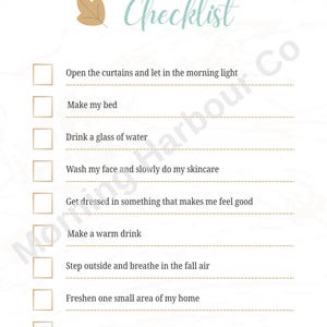May include: A printable checklist titled Fall Morning Reset Checklist with a brown leaf icon. It lists nine tasks including opening curtains, making the bed, drinking water, skincare, dressing, warm drinks, fresh air, cleaning, and noticing beauty.