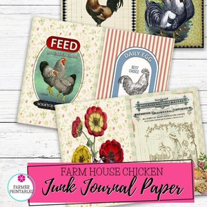 Farmhouse Chicken Journal Pages, Printable Paper, Junk Journal, Digi Kit, Ephemera, Scrapbooking, Collage Sheet, Vintage, Digital Download