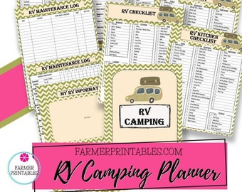 May include: A printable RV camping planner with 11 pages. The planner includes checklists for packing, leaving the campground, RV maintenance, and kitchen supplies. The planner also includes a section for entertainment and activities. The planner is designed with a green and white chevron pattern and features a cartoon RV.