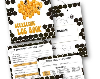 Può includere: Un libro di registrazione dell'apicoltura stampabile con 50 pagine e copertine per rilegatura. La copertina presenta un'illustrazione ad acquerello di un favo con le api. Il testo "Beekeeping Log Book" è in un carattere giallo e nero. Il testo "50 Page Beekeeping Log Book with Binder Covers!" è in un carattere nero.