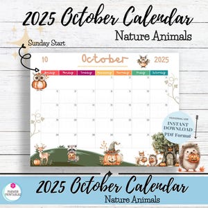 October 2025 Calendar Printable, Nature Animals Calendar 2025, Calendar PDF, Kids Monthly, Homeschool Calendars, Animated Digital Download