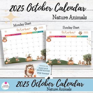 October 2025 Calendar Printable, Nature Animals Calendar 2025, Calendar PDF, Kids Monthly, Homeschool Calendars, Animated Digital Download