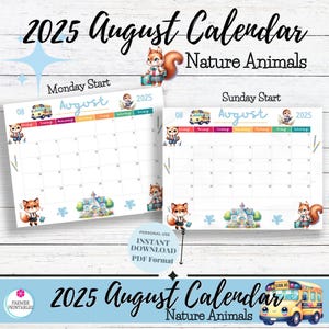 August 2025 Calendar Printable, Nature Animals Calendar 2025, Calendar PDF, Kids Monthly, Homeschool Calendars, Animated, Digital Download