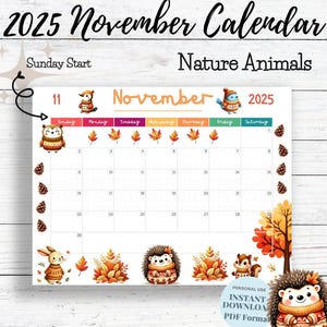 November 2025 Calendar Printable, Nature Animals Calendar 2025, Calendar PDF, Kids Monthly, Homeschool Calendars, Animated, Digital Download