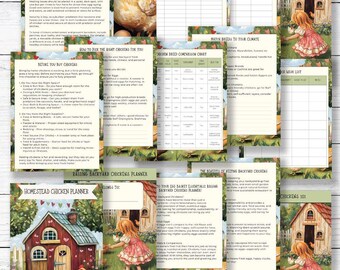 May include: A colorful printable planner for raising backyard chickens. The planner includes sections on choosing the right chickens, setting up a coop, and caring for your flock. The planner features illustrations of chickens and a red barn.