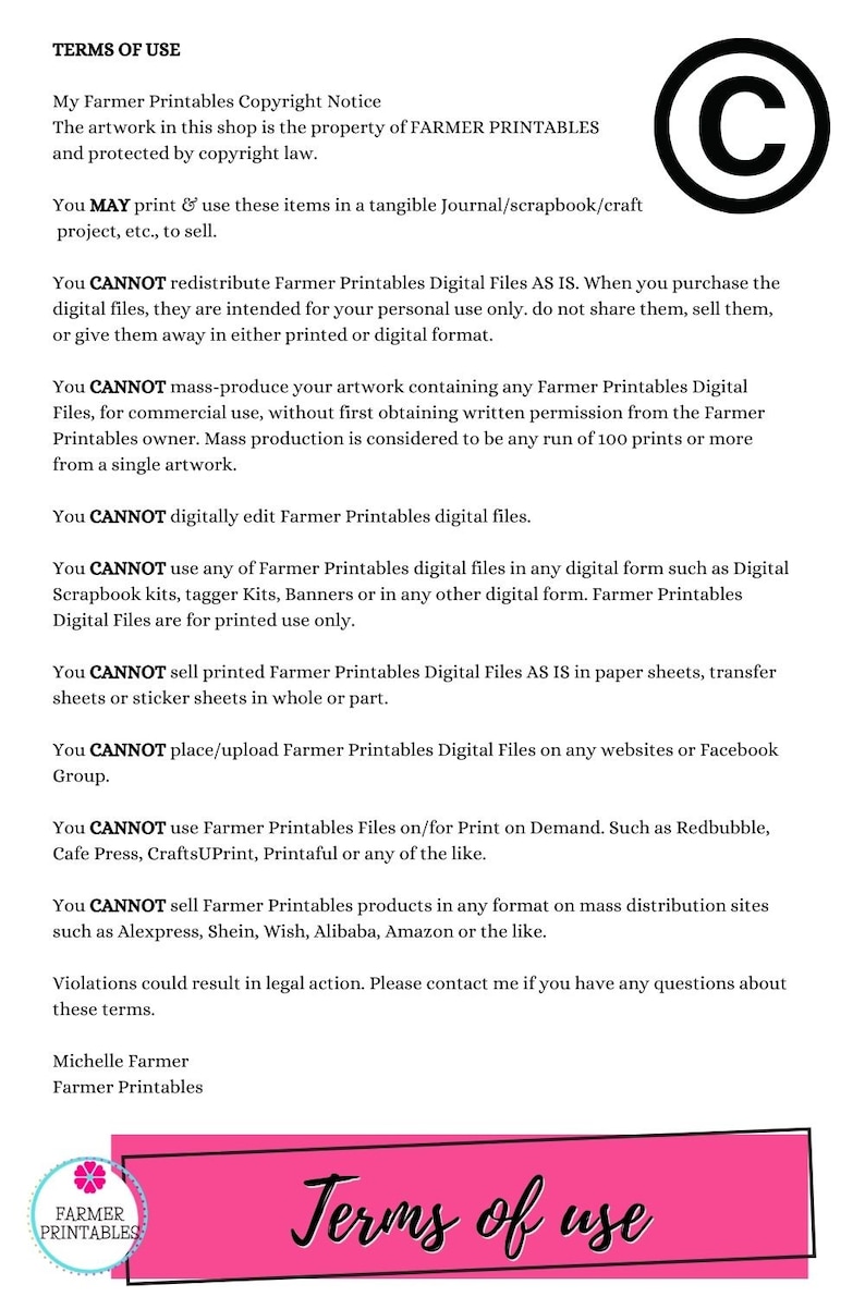 May include: A pink and white graphic with the text "Terms of Use" in black. The text includes information about copyright and usage restrictions for digital files. The graphic also includes a copyright symbol.