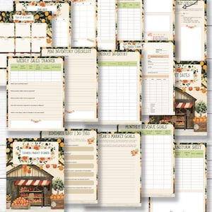 May include: A 43-page printable planner for farmers markets, featuring a watercolor illustration of a fruit stand with oranges and peaches. The planner includes pages for market application tracking, weekly sales, inventory, product inventory, revenue goals, and more.