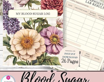 Registro de azúcar en sangre imprimible / Planificador de seguimiento de diabetes / Diario de glucosa, comidas y medicamentos