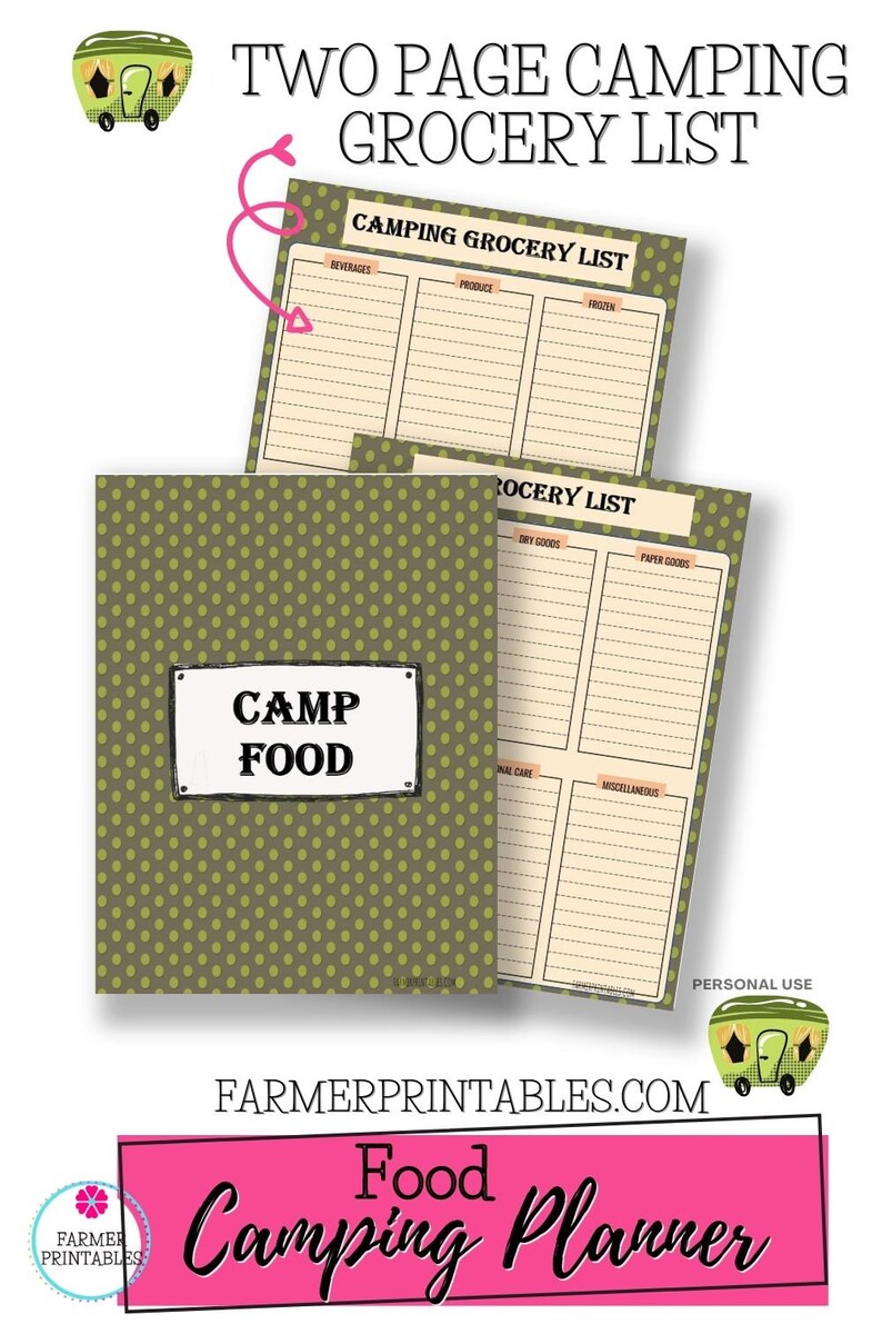 Printable Camping Meal Food Planner, Camping Grocery List, Camping Recipe Cards, Camping Food