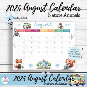 August 2025 Calendar Printable, Nature Animals Calendar 2025, Calendar PDF, Kids Monthly, Homeschool Calendars, Animated, Digital Download