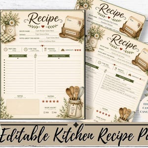 May include: A printable recipe card template featuring a cream-colored background with illustrations of a flower-filled pitcher, a wooden box, and kitchen utensils. The layout includes sections for recipe name, ingredients, instructions, and notes.