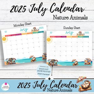 July 2025 Calendar Printable, Nature Animals Calendar 2025, Calendar PDF, Kids Monthly, Homeschool Calendars, Animated, Digital Download