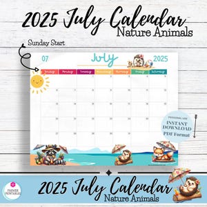 July 2025 Calendar Printable, Nature Animals Calendar 2025, Calendar PDF, Kids Monthly, Homeschool Calendars, Animated, Digital Download