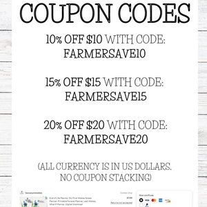 May include: Coupon codes for a digital download product. The codes offer 10%, 15%, and 20% off purchases of $10, $15, and $20, respectively. The codes are FARMERSAVE10, FARMERSAVE15, and FARMERSAVE20. All currency is in US dollars. No coupon stacking is allowed.