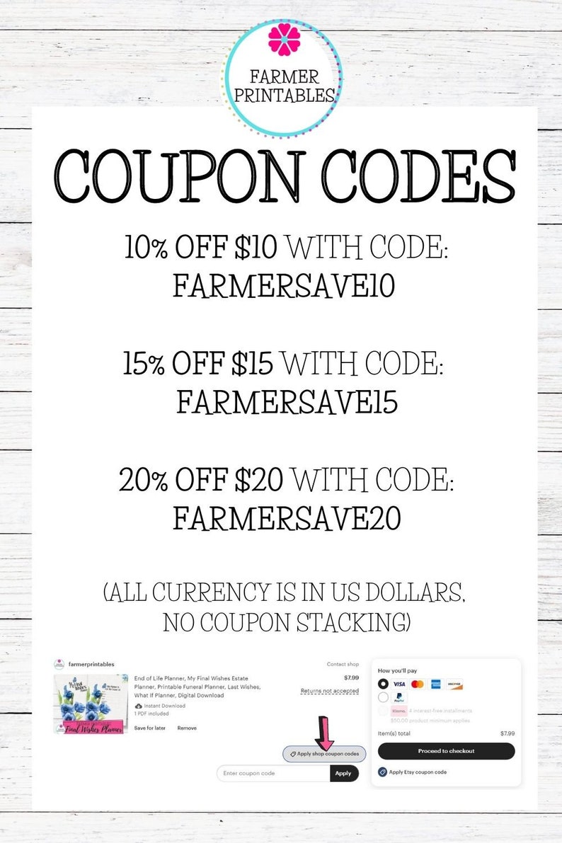 May include: Coupon codes for a digital download product. The codes offer 10%, 15%, and 20% off purchases of $10, $15, and $20, respectively. The codes are FARMERSAVE10, FARMERSAVE15, and FARMERSAVE20. All currency is in US dollars. No coupon stacking is allowed.