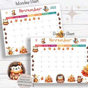 November 2025 Calendar Printable, Nature Animals Calendar 2025, Calendar PDF, Kids Monthly, Homeschool Calendars, Animated, Digital Download