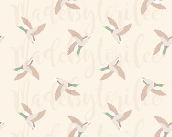 May include: A seamless pattern featuring beige ducks flying in a light beige background with the text "Made by Tori Lee" repeated throughout.