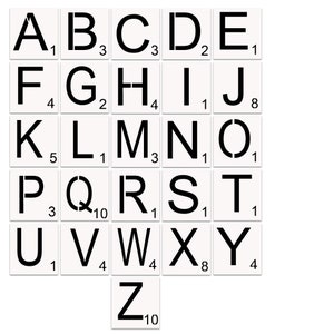 Puede incluir: Azulejos de letras en blanco y negro con un valor numérico para cada letra. Los azulejos están dispuestos en orden alfabético.