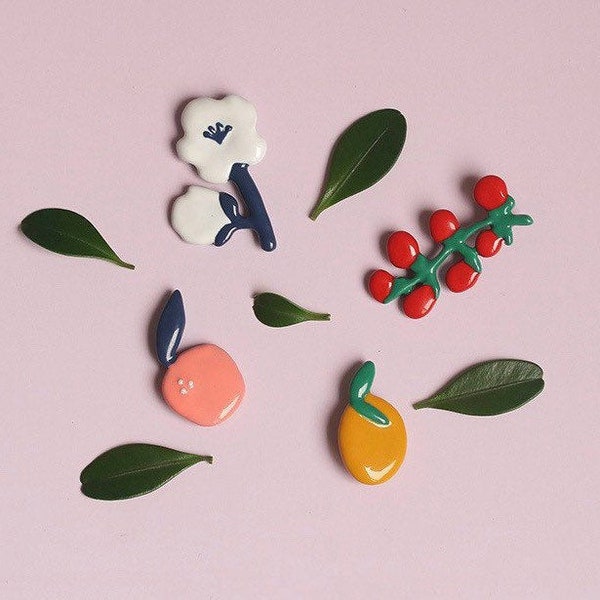 Enamel fruit earrings | Orange studs| Sterling silver posts| Pink apple| White flower| Cherry tomato earrings | Cute| Kawaii| Anime|