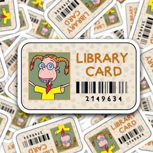 Eliza bibliotheekkaartsticker, jaren 90 nostalgische bibliotheekkaartsticker, nostalgische gestanste sticker, jaren 90 cartoon gestanste sticker, sticker boekenclub