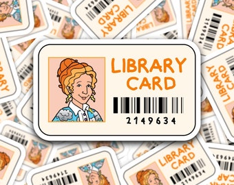 Miss Frizzle bibliotheekkaart sticker, Miss Frizzle bibliotheekkaart gestanste sticker, jaren 90 nostalgie bibliotheekkaart sticker, jaren 90 vinyl sticker