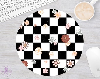 Retro Daisy Checkered Mouse Pad, Checkered Daisy Mouse Pad, Checkered Mouse Pad, Retro Mouse Pad, Black & White Checkered Mouse Pad