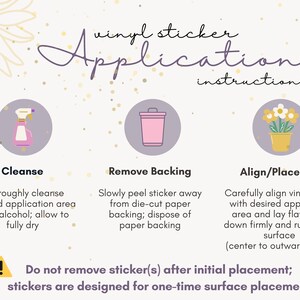 Puede incluir: Una ilustraci&oacute;n gr&aacute;fica con tres pasos para aplicar pegatinas de vinilo. Los pasos son limpiar, quitar el respaldo y alinear/colocar. La ilustraci&oacute;n incluye iconos de una botella de spray, un cubo de basura y una planta en maceta. El texto "No retire la(s) pegatina(s) despu&eacute;s de la colocaci&oacute;n inicial; las pegatinas est&aacute;n dise&ntilde;adas para una colocaci&oacute;n &uacute;nica en la superficie" est&aacute; incluido en el gr&aacute;fico.