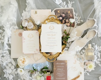 Luxury Brown & Dusty Pink Wedding Invitation | Embossed Floral Wreath Suite with Romantic Envelope Liner