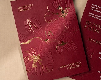 Luxury Burgundy Floral Wedding Invitation | Letterpress, Foil, Blind Emboss & Textured Paper Suite