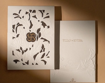 Letterpress Wedding Invitation with Full Embossed Woodgrain Background & Botanical Cut Out Envelope