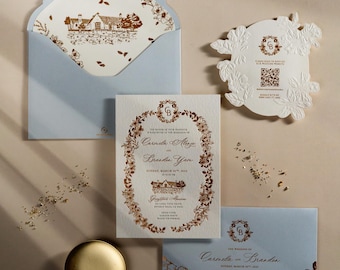 Gold Floral Wreath Blue Letterpress Wedding Invitation | Elegant Minimalist Invitation Suite