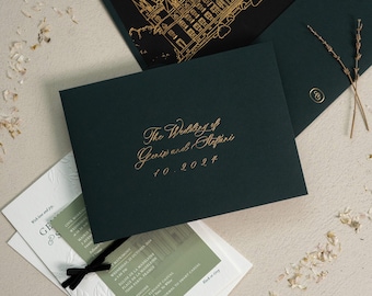 Green Letterpress Wedding Invitations | Venue illustration , gold foil, blind emboss