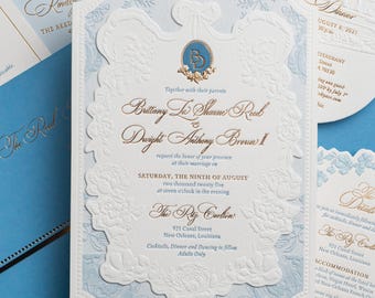 Letterpress Embossed 2-Layer Wedding Invitation | Floral & Bespoke Illustration with Velvet Ribbon