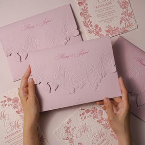 Dusty Pink Handmade Paper Letterpress Wedding Invitation with Floral Wreath & Embossed Envelope image 2
