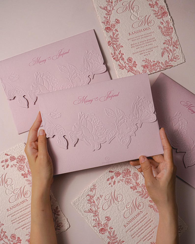 Dusty Pink Handmade Paper Letterpress Wedding Invitation with Floral Wreath & Embossed Envelope image 2