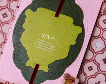 Luxury Italian Wedding Invitation | Green Pink Maroon Letterpress & Blind Embossed Wedding Suite |  Custom Shape Cards and Envelope