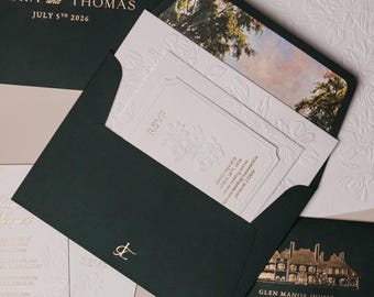 Luxury Emerald Green Letterpress Invitation with Blind Emboss & Venue Painting Envelope Liner | Velvet Ribbons