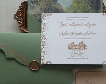 Luxury Green Garden Letterpress Wedding Invitation | Castle Interior Blind Emboss