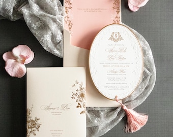 Floral letterpress Wedding Invitation | Letterpress Pink, Oval, Gold Foil, Embossed, Envelope Liner, Tassel