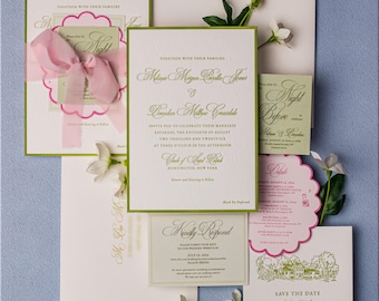 Green and Pink Letterpress Wedding Invitation | Custom Illustrated Venue with custom shapes